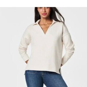 SPANX AirEssentials Polo Top, Oatmeal Heather, Small, Excellent Condition